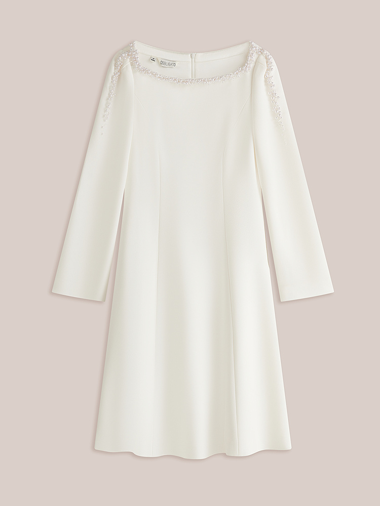 OBBLIGATO奥丽嘉朵2026秋季新款手工钉珠方领收腰中长款连衣裙1C66305120