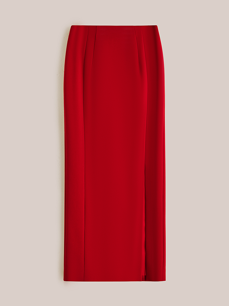 OBBLIGATO奥丽嘉朵2026春季新款进口三醋酸红色直筒开衩半身裙1C36150170