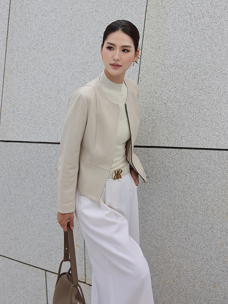 YINER音儿专选2026春季新款时尚圆领羊皮革真皮皮衣短款夹克外套8C66109176