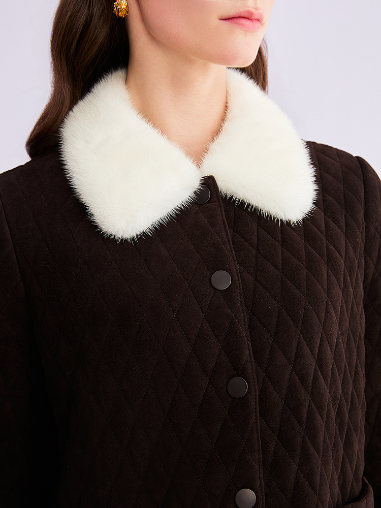 YINER音儿专选2026春季新款水貂毛皮翻领绵羊毛骆驼绒混纺皮棉服8C66109156