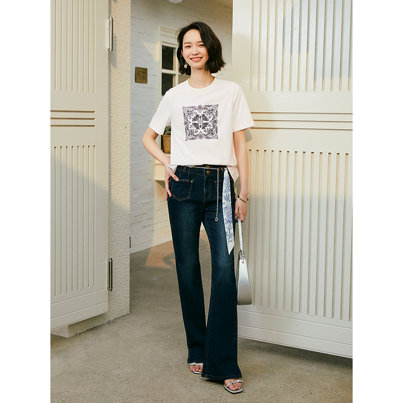 Goodland美地2025夏季100%棉法式佩利丝花绣花H型针织T恤女LC35260570