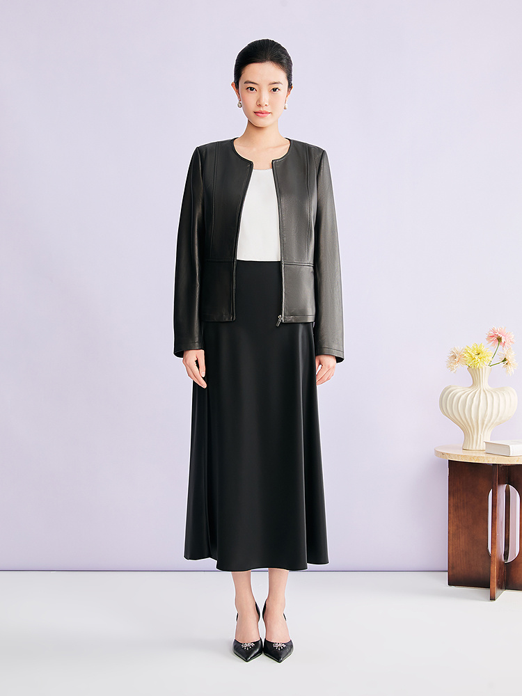 YINER音儿专选2026春季新款时尚圆领羊皮革真皮皮衣短款夹克外套8C66109176