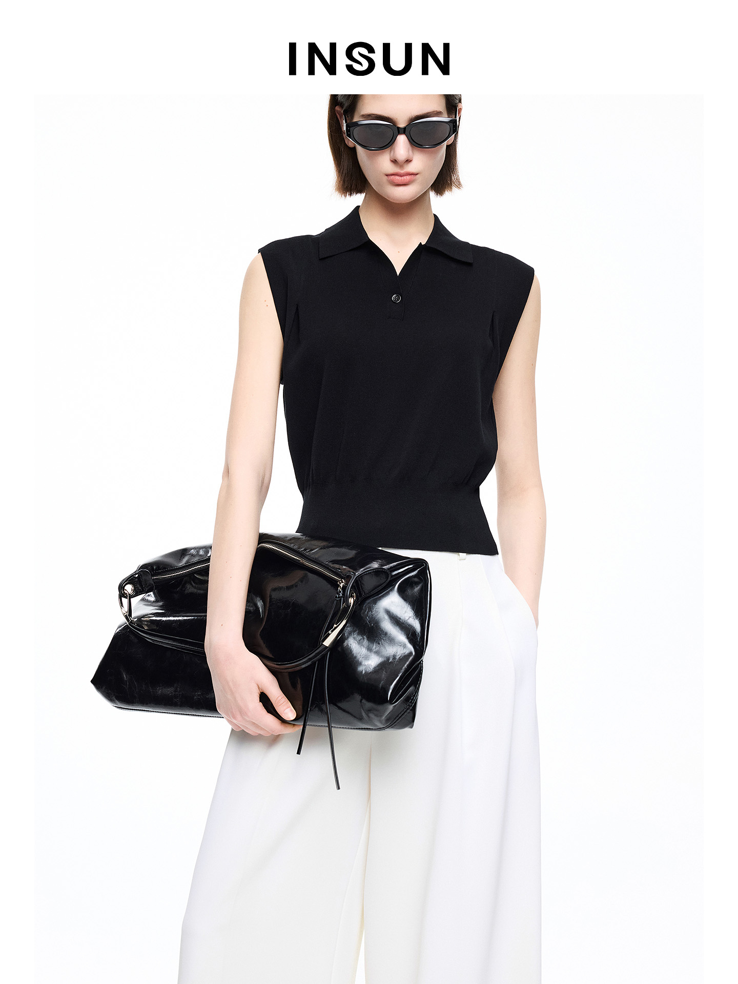 INSUN恩裳专选2026夏季休闲微落肩POLO领醋酸棉针织衫9C66206140