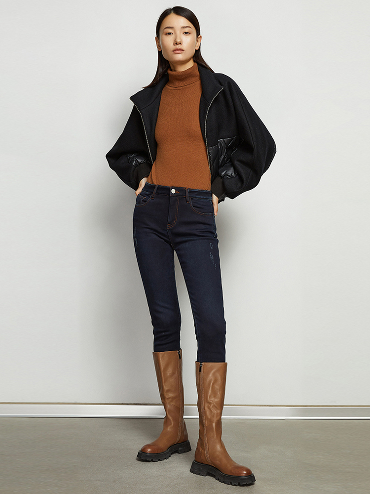 INSUN恩裳2021冬季时尚小蝙蝠袖呢料拼接白鹅绒短款羽绒服女9C61508350