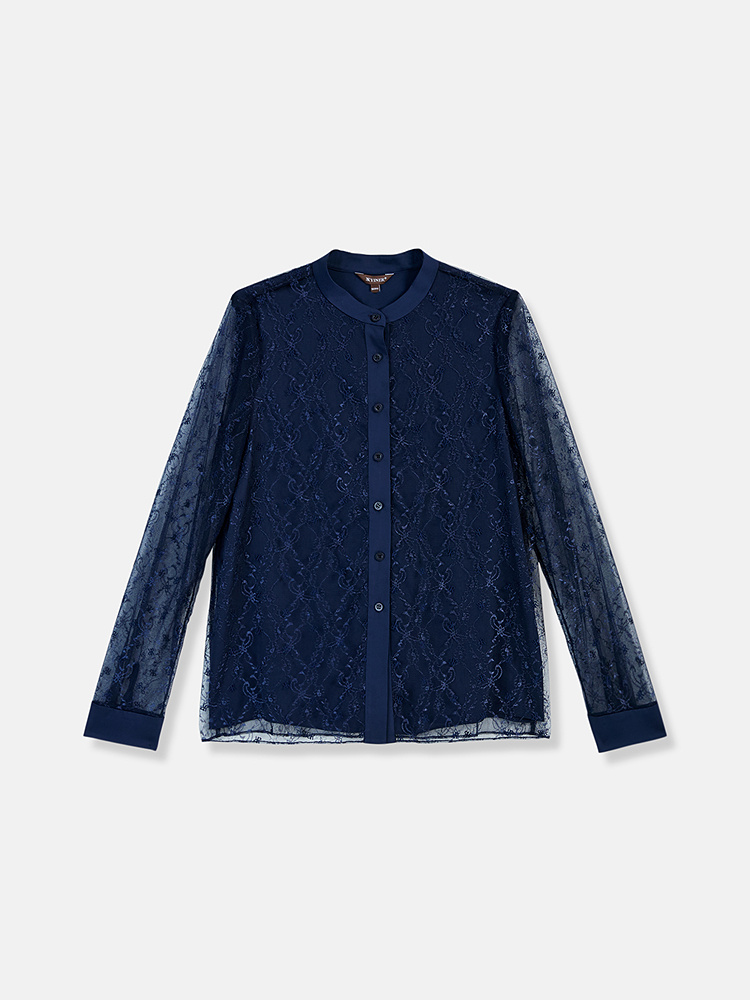 YINER音儿专选2026春季新款时尚通勤肌理感重工蕾丝刺绣立领衬衫8C66130016