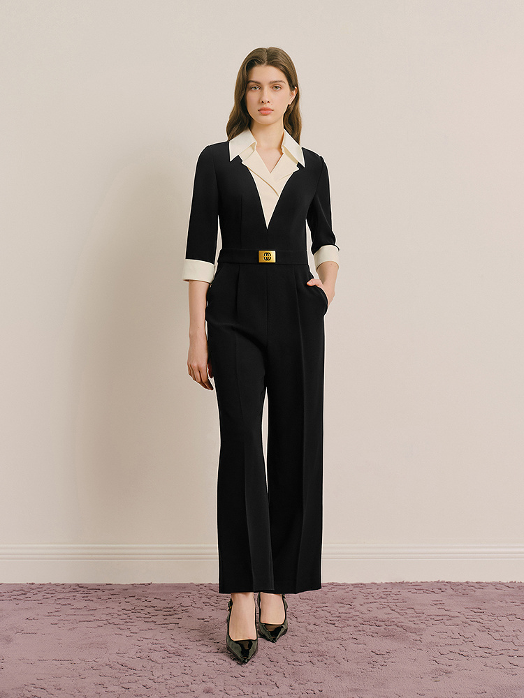 OBBLIGATO奥丽嘉朵2025夏季新品黑色经典撞色拼接连体裤1C65202200