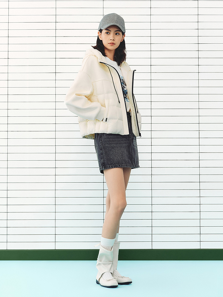 ToyzY2026冬季新款柔软针织卫衣面料肩袖连帽假两件拼接连帽羽绒服ZC36508390