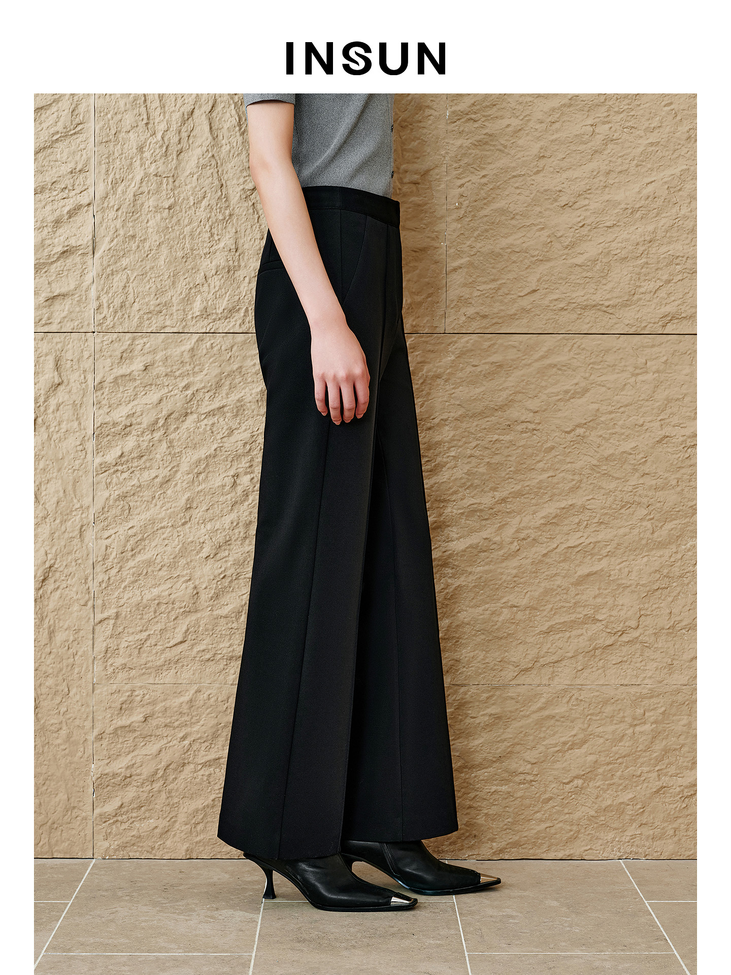 INSUN恩裳专选2026春季高腰修身显瘦四面弹微喇叭西裤9C66120180