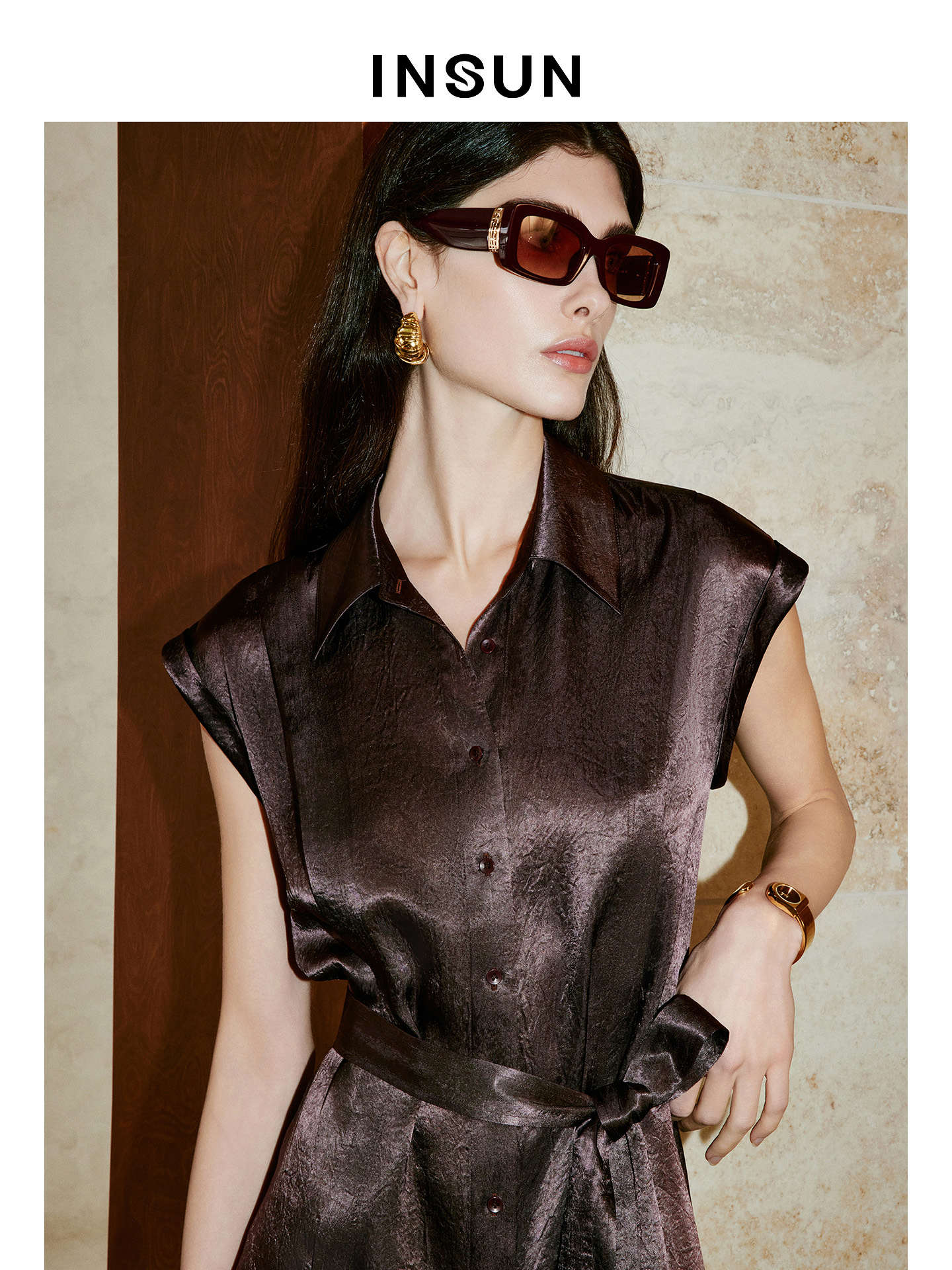 INSUN恩裳专选2026夏季衬衫领修身显瘦无袖醋酸连衣裙9C66205030