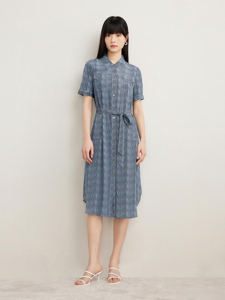 [真丝系列]Goodland美地女装2024夏季桑蚕丝牛仔色衬衫连衣裙LC64205020