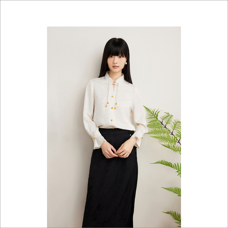 Goodland美地女装淑雅新中式复古盘扣衬衫晕染珠扣LC64130020