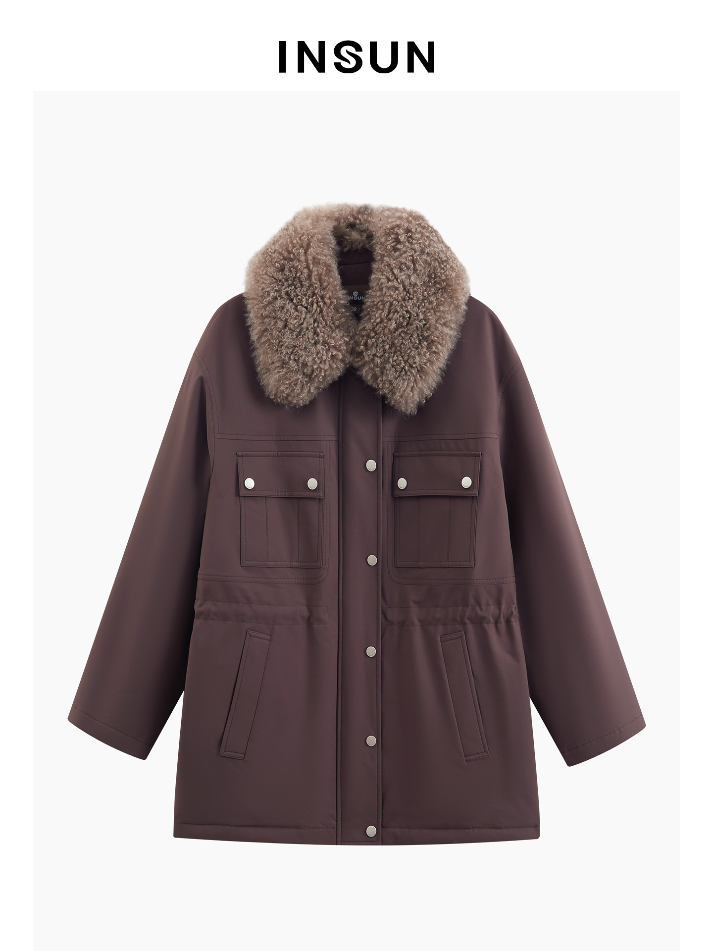 INSUN恩裳专选2026春季可拆卸羊毛革毛领鹅绒派克羽绒服9C66108530