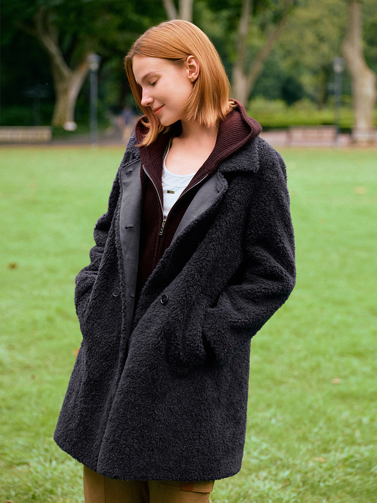 XII BASKET十二篮专选25冬藏蓝绵羊毛外套简约廓形保暖百搭轻奢贵气通勤大衣7C65580300