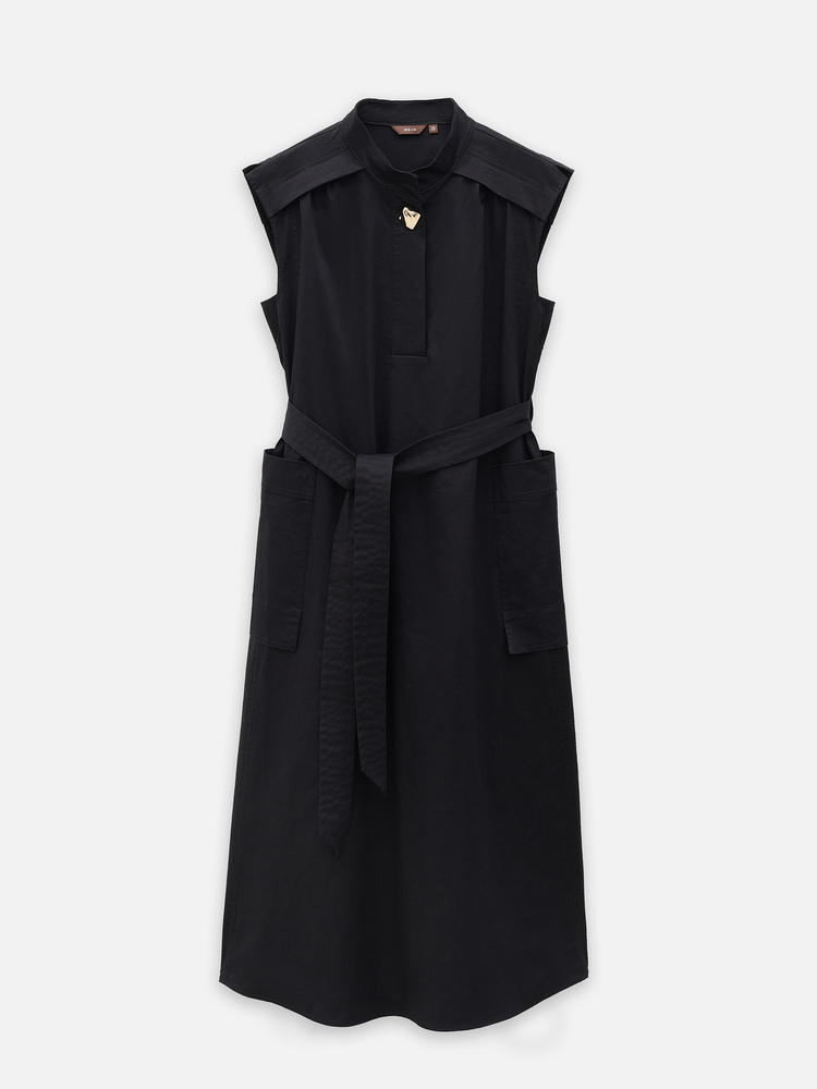 INSUN恩裳专选2024夏季棉质黑色立领休闲无袖连衣裙9C64205210