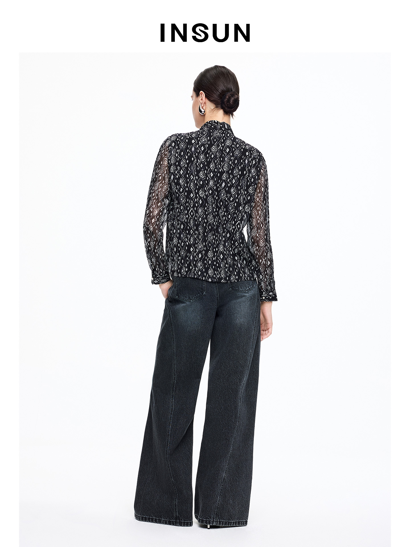 INSUN恩裳专选2026春季印花轻盈100%桑蚕丝长袖衬衫9C66170110