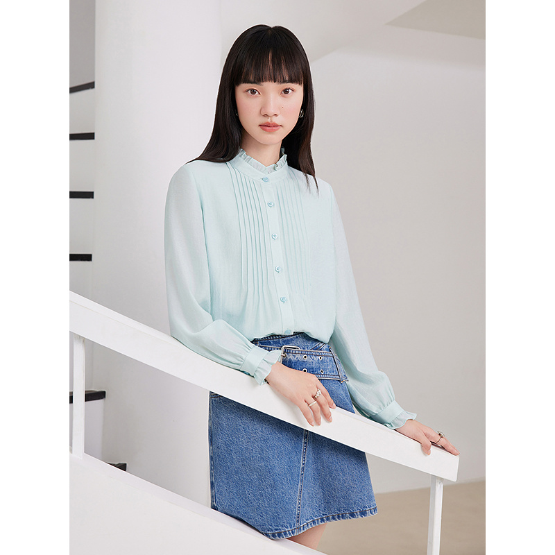 Goodland美地女装2025秋醋酸风琴褶花边长袖衬衫LC35330100