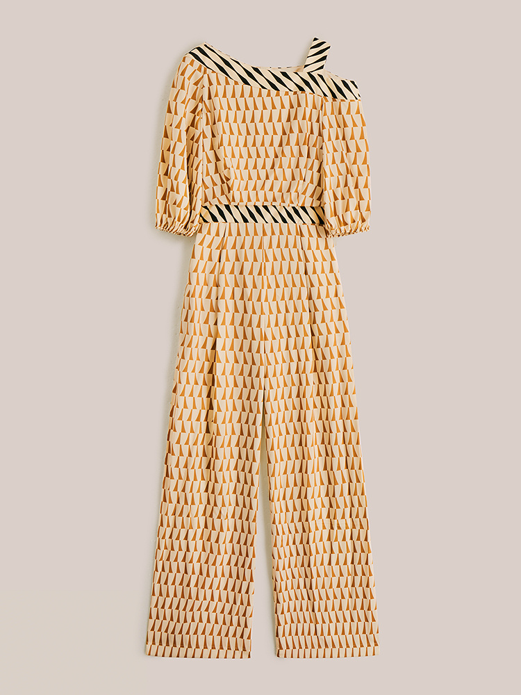 OBBLIGATO奥丽嘉朵2025秋季弹力斜纹绸撞色几何印花连体裤1C35302010