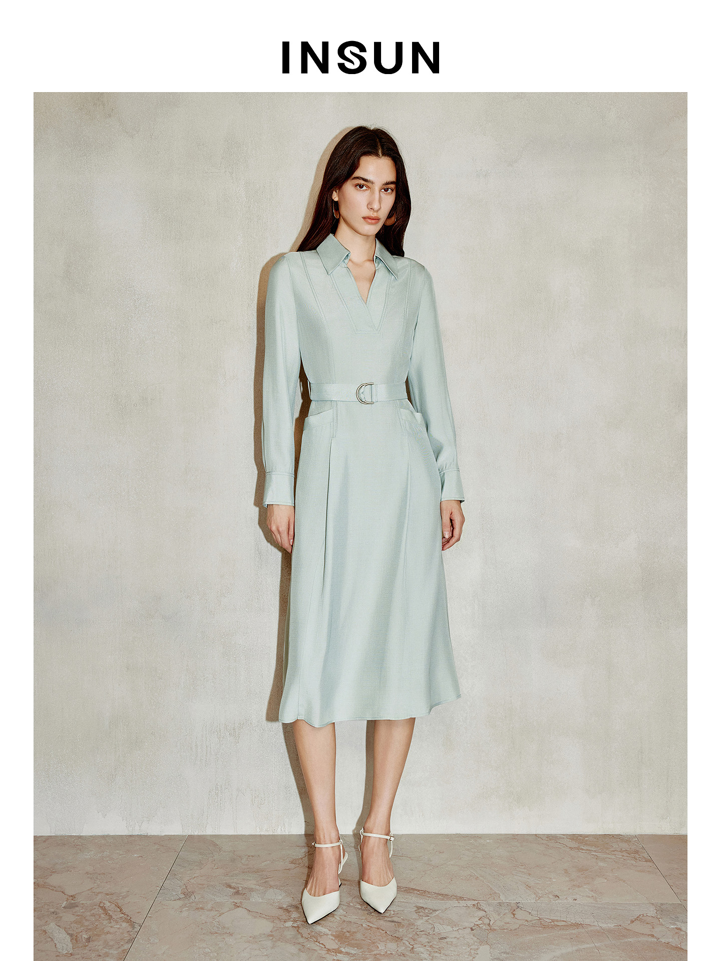 INSUN恩裳专选2026春季衬衫式V领醋酸长袖连衣裙9C66105050