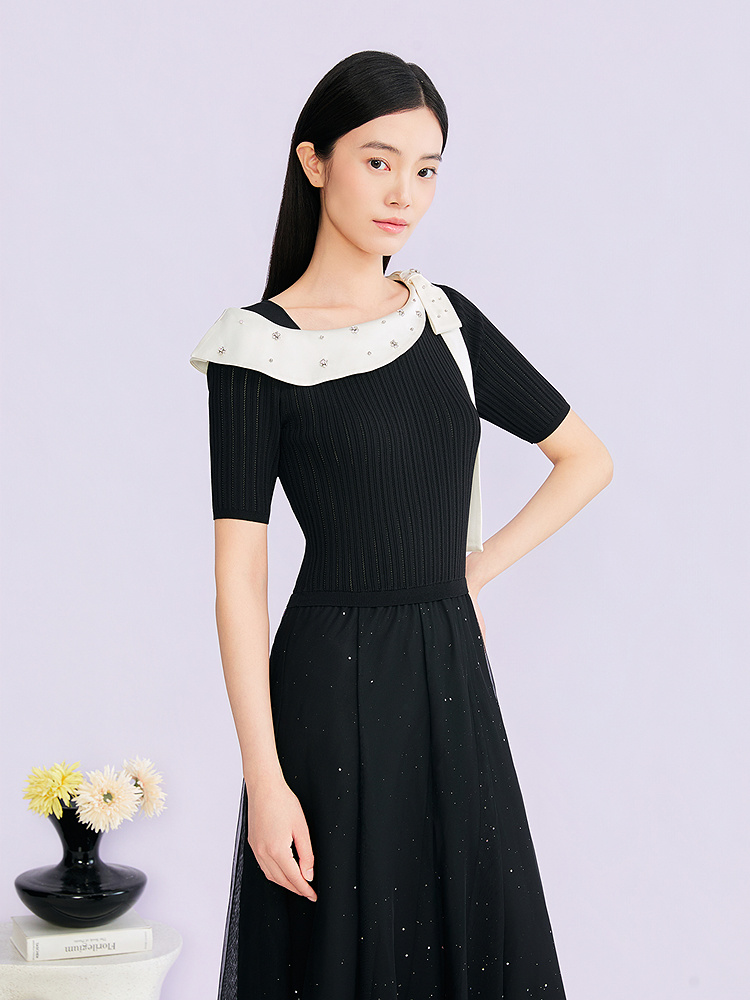 YINER音儿专选2026夏季新款优雅钉珠蝴蝶结装饰烫钻网纱连衣裙8C66206556