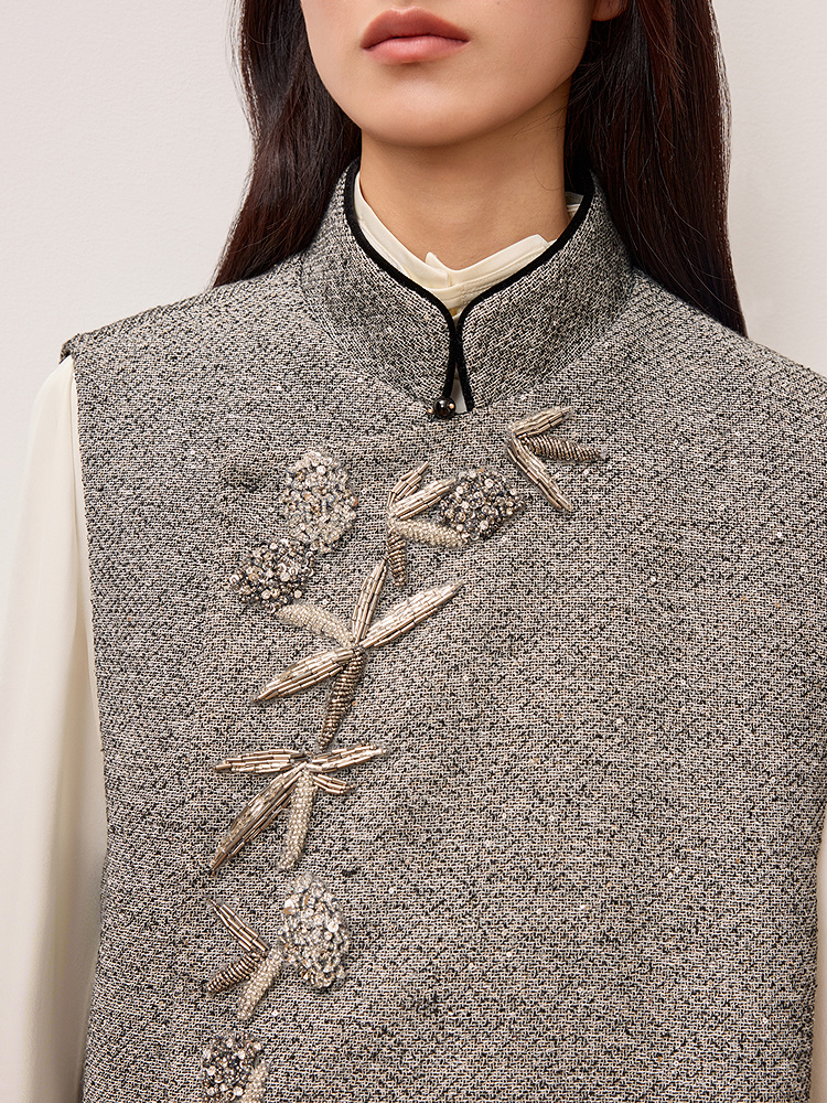 OBBLIGATO奥丽嘉朵专选2025冬季手工钉珠立体缉边新中式马甲1C35501020