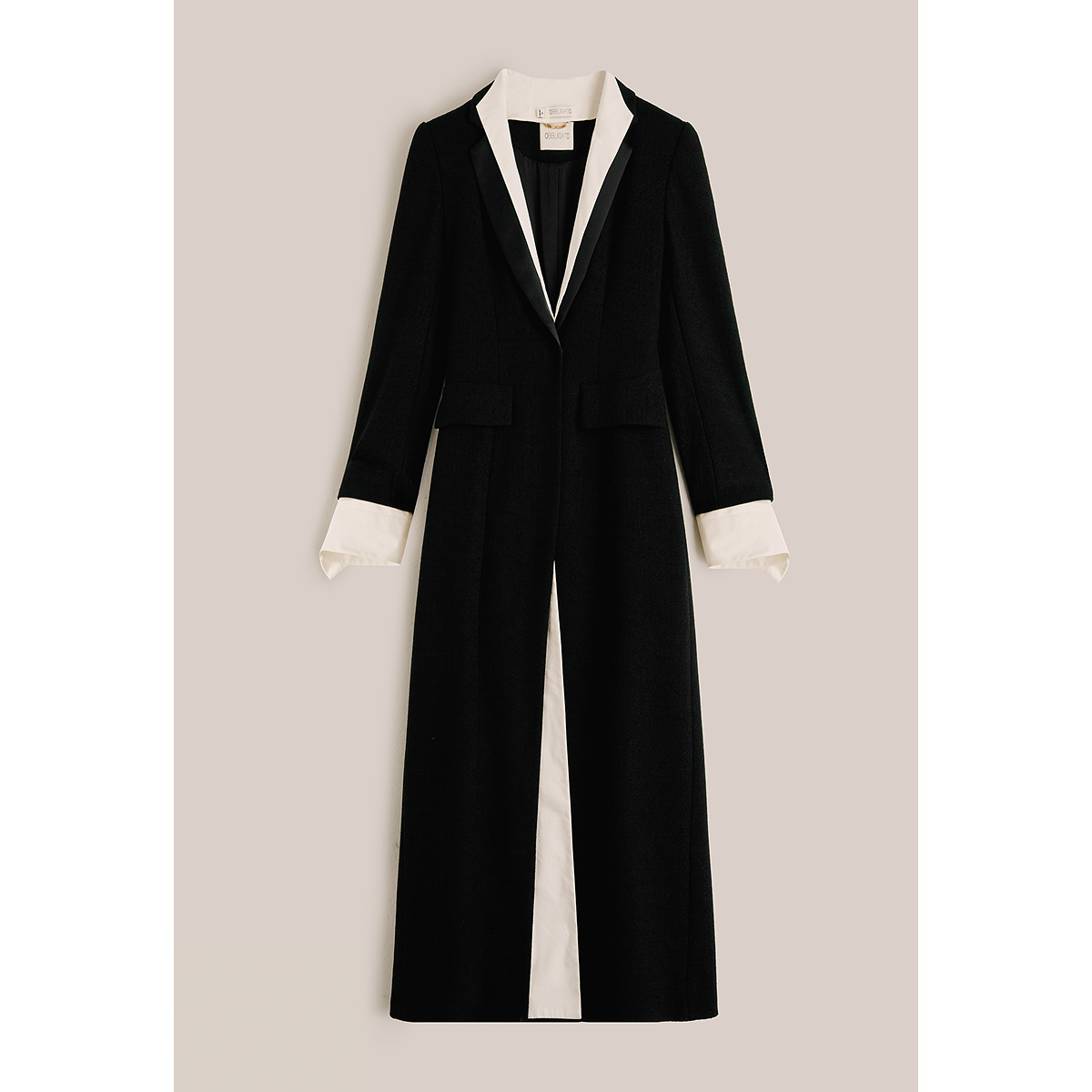OBBLIGATO奥丽嘉朵2025秋季新品黑色挺括垂坠醋酸缎面西装领风衣1C35307050