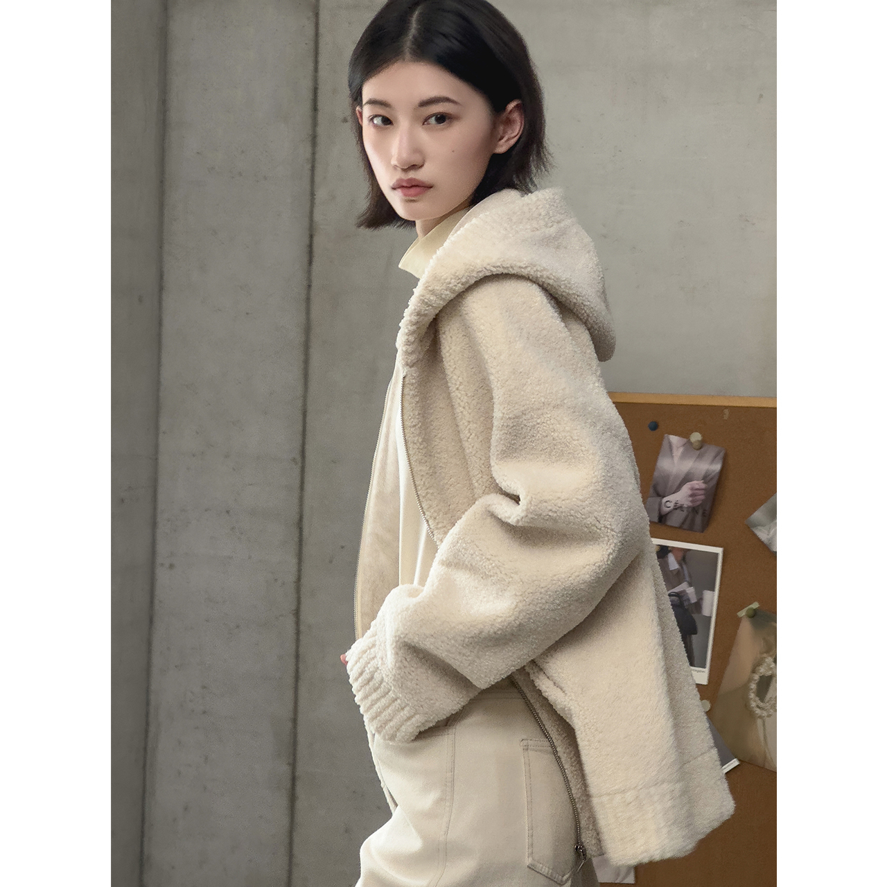 COVERINS【赵今麦同款】2025冬季新款环保羊羔绒连帽外套CC35510220