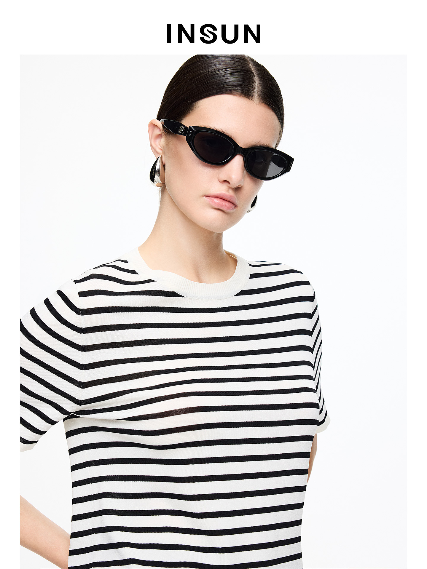 INSUN恩裳专选2026夏季落肩袖型百搭条纹短袖T恤9C66206040