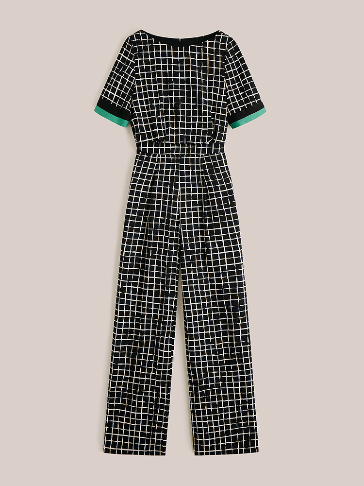 OBBLIGATO奥丽嘉朵专选2025夏季新品一字领格纹印花桑蚕丝连体裤1C65202230