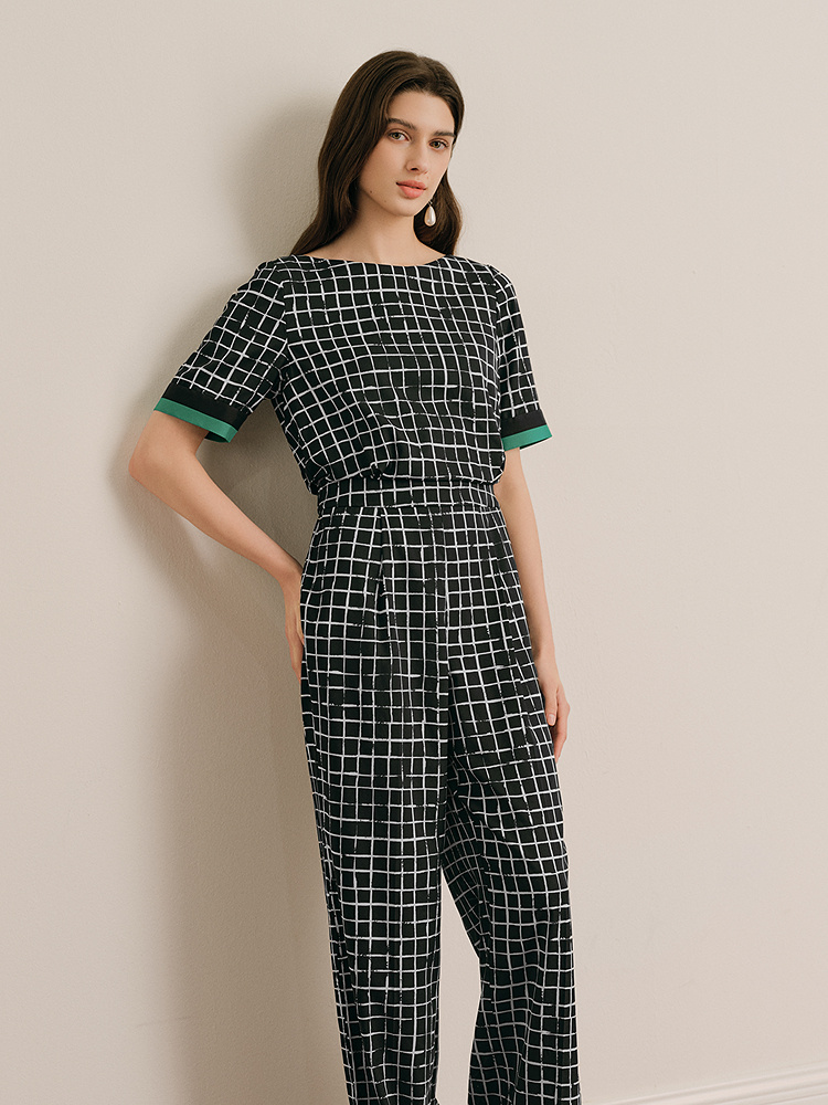 OBBLIGATO奥丽嘉朵专选2025夏季新品一字领格纹印花桑蚕丝连体裤1C65202230