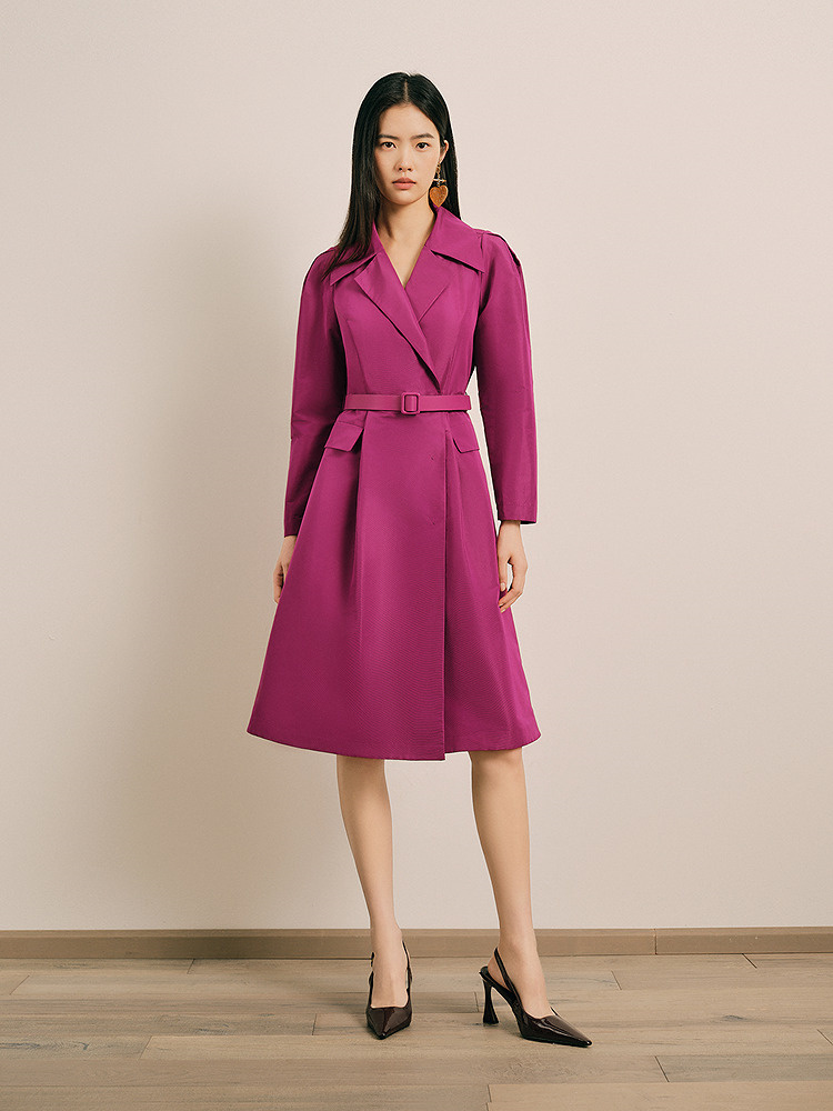 OBBLIGATO奥丽嘉朵2025春季金标樱桃红西装翻领收腰A摆廓形风衣1C35107040