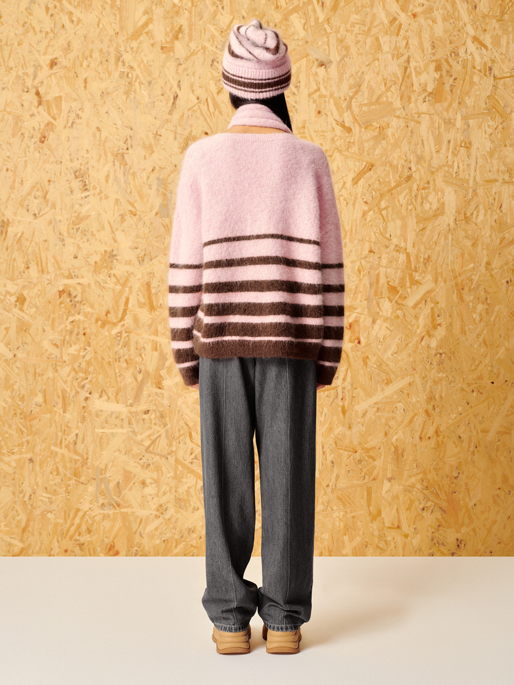 ToyzY24春软糯拉绒羊驼毛粉色条纹毛衣7C54106120