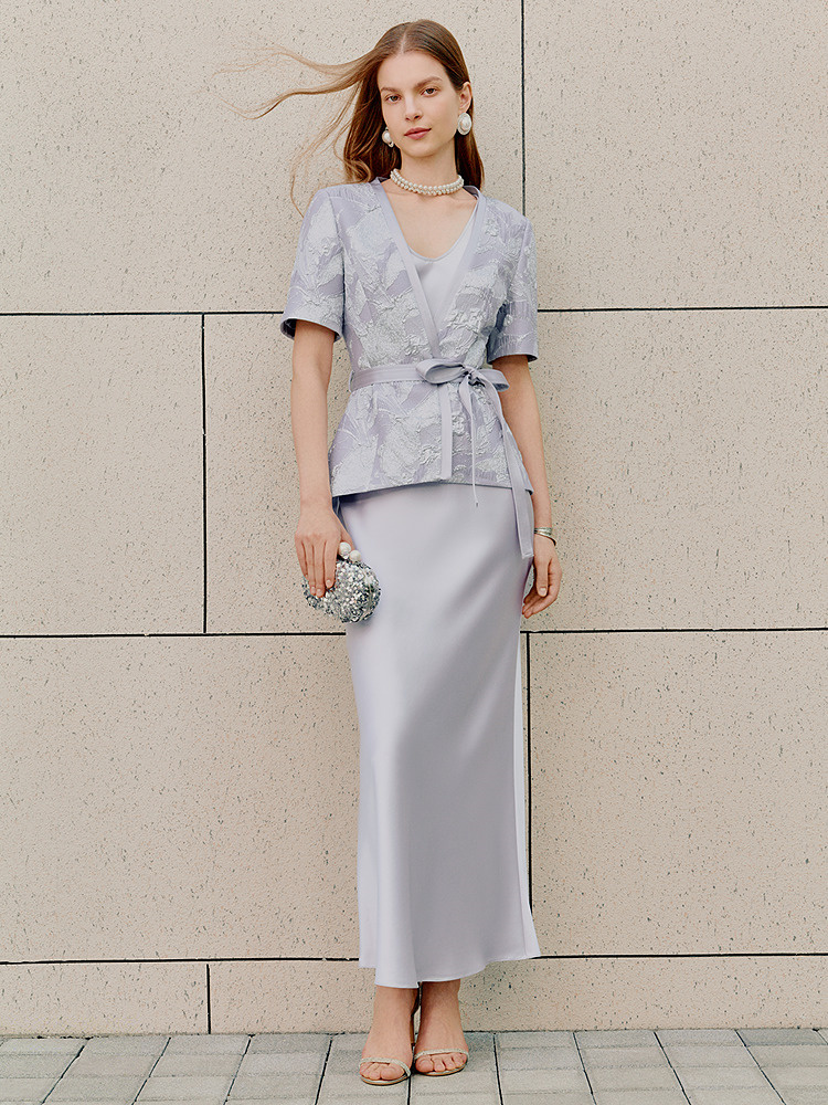 OBBLIGATO奥丽嘉朵2026夏季新款醋酸浮雕提花收腰系带短袖上衣1C36210100