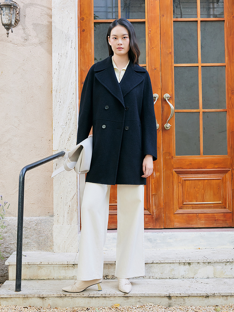 YINER音儿专选2025冬季新款法式西装领羊毛混纺双面呢大衣外套8C65580366