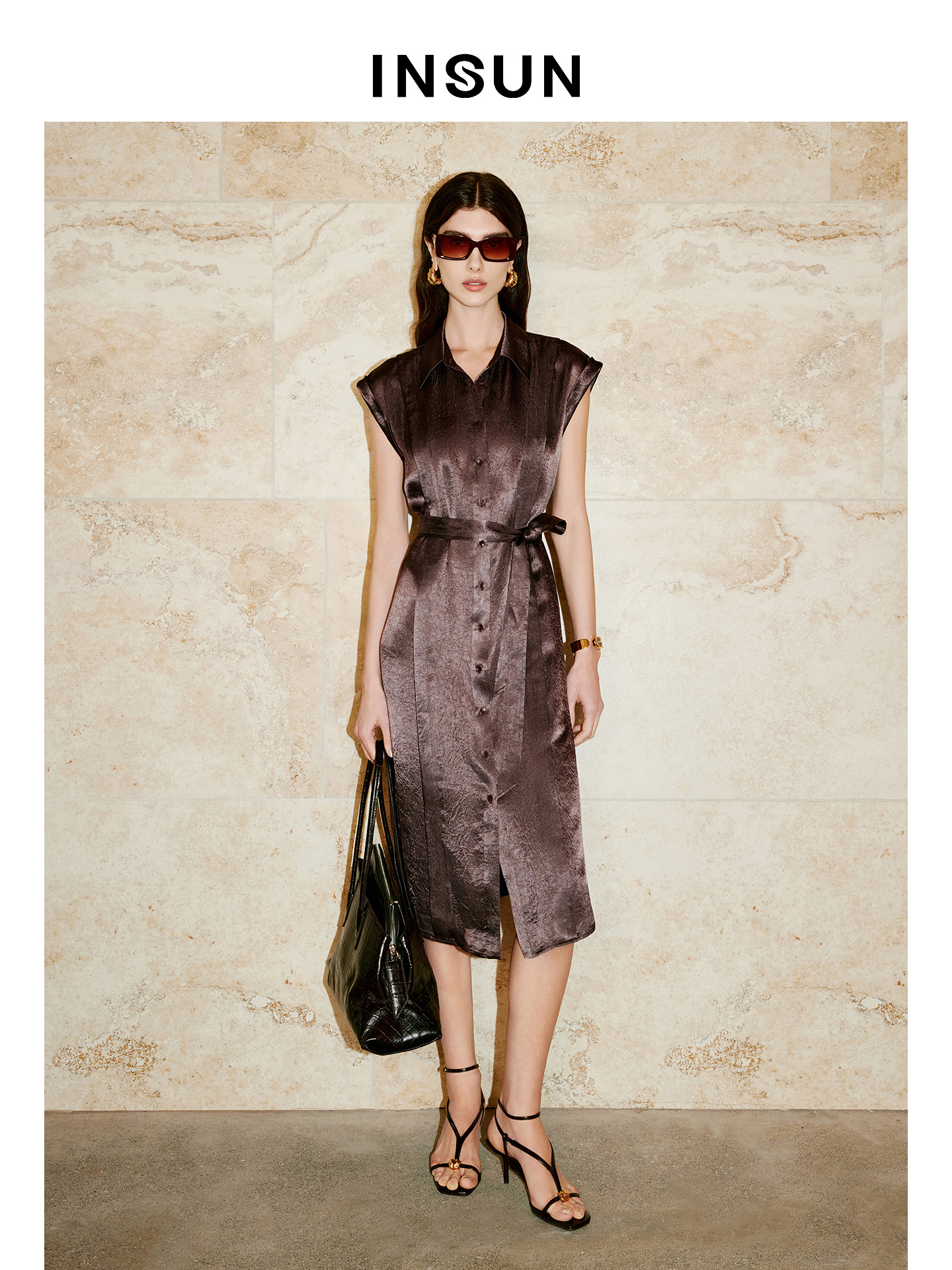 INSUN恩裳专选2026夏季衬衫领修身显瘦无袖醋酸连衣裙9C66205030