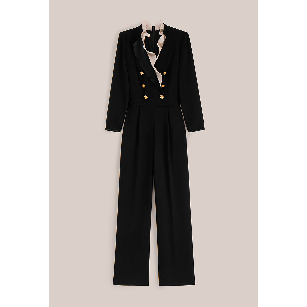 OBBLIGATO奥丽嘉朵2025秋季新品V领荷叶边中古扣收腰连体裤1C35302060