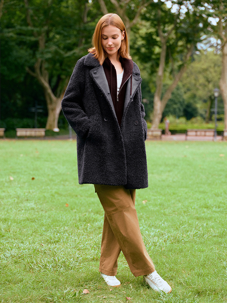 XII BASKET十二篮专选25冬藏蓝绵羊毛外套简约廓形保暖百搭轻奢贵气通勤大衣7C65580300