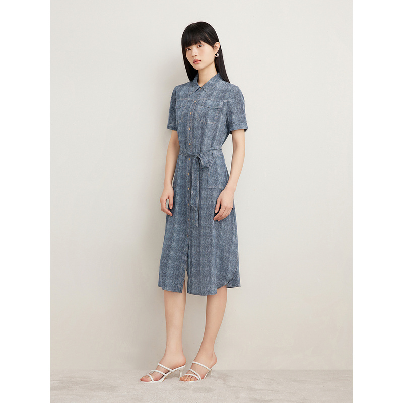 [真丝系列]Goodland美地女装2024夏季桑蚕丝牛仔色衬衫连衣裙LC64205020