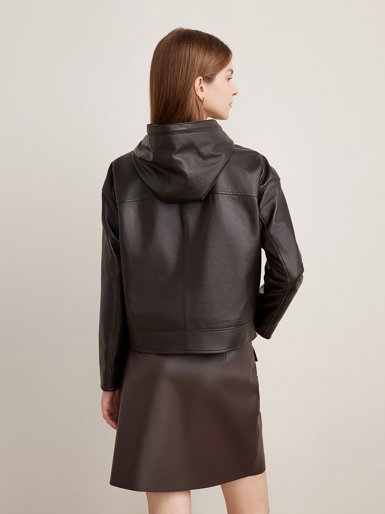 Goodland美地2024秋季法式深棕色连帽羊皮皮衣外套LC34309020