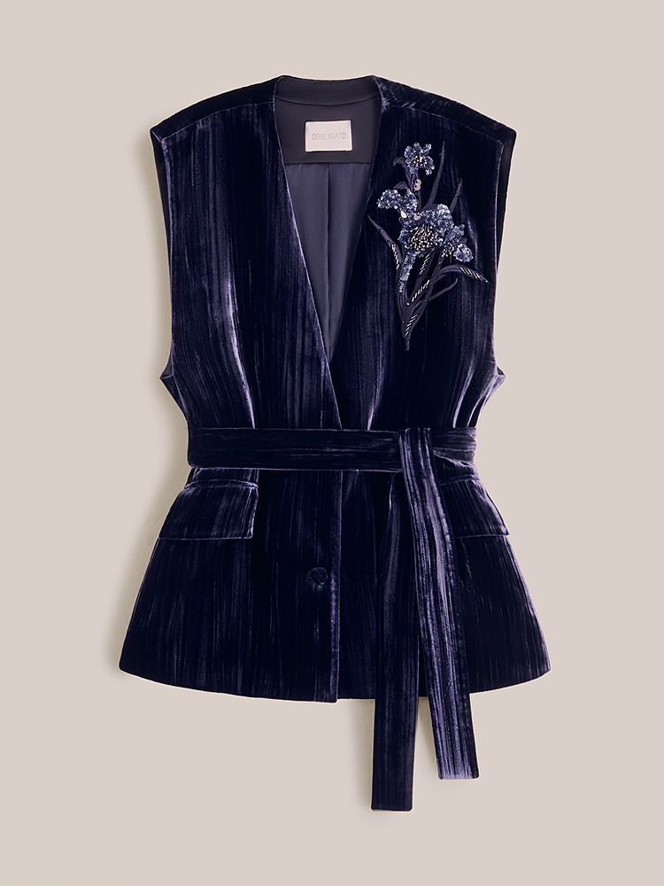 OBBLIGATO奥丽嘉朵2026春季新款手工钉珠刺绣新中式收腰丝绒马甲1C36101030