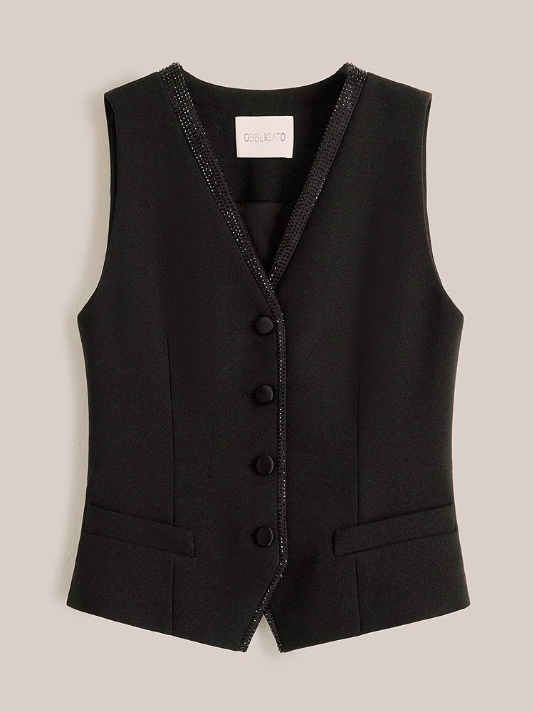 OBBLIGATO奥丽嘉朵2026早春新款优雅v领璀璨雾面烫钻收腰马甲上衣1C36101010