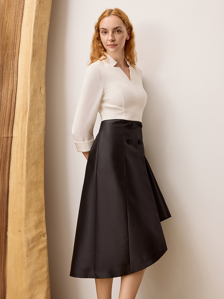 OBBLIGATO奥丽嘉朵专选2025秋季新品撞色黑白拼接捏褶收腰连衣裙1C65305740