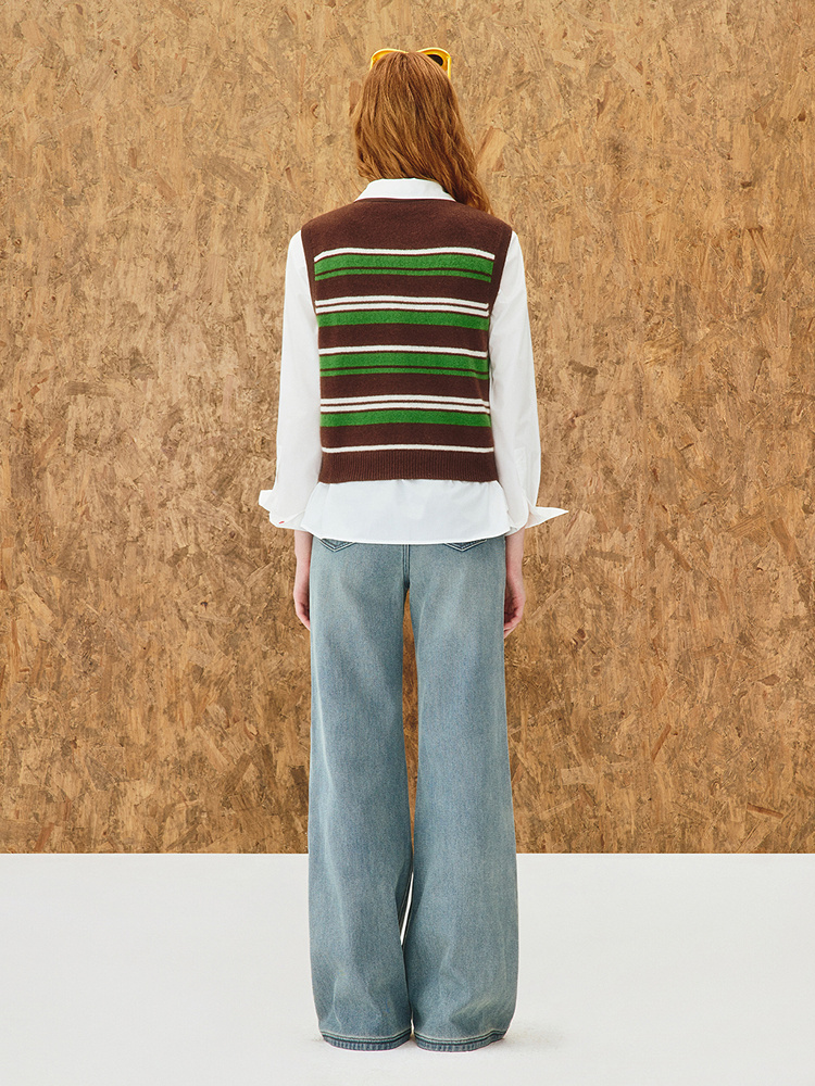 ToyzY2025冬季复古撞色条纹100%绵羊毛针织背心ZC35504010