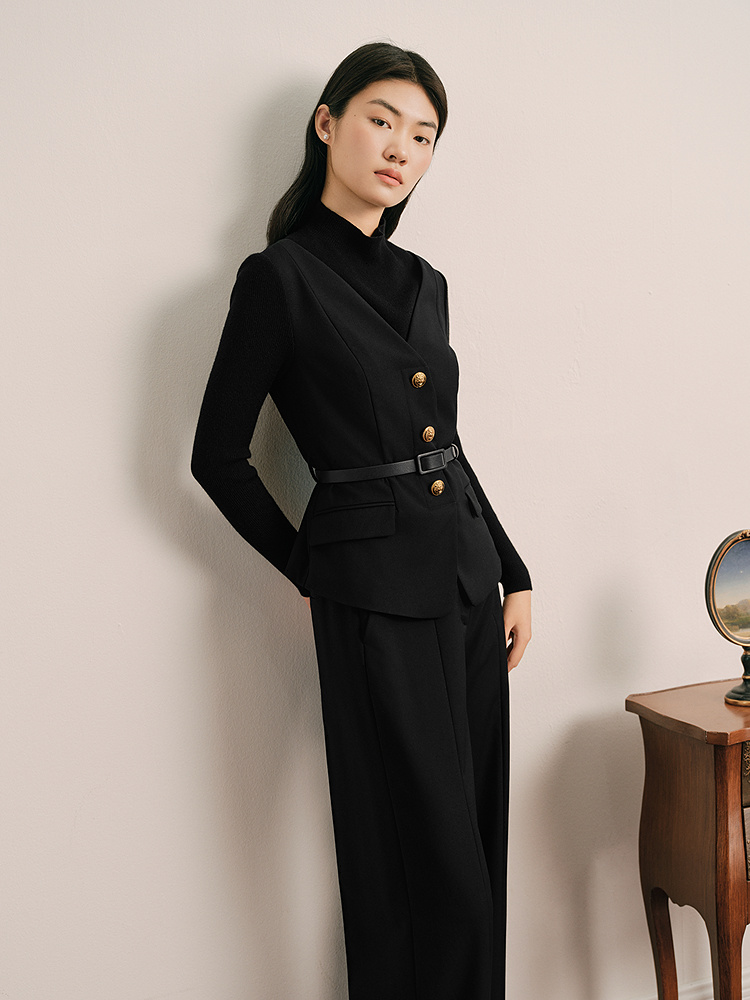 OBBLIGATO奥丽嘉朵2025春季金标黑色假两件设计修身时尚单上衣1C35170100