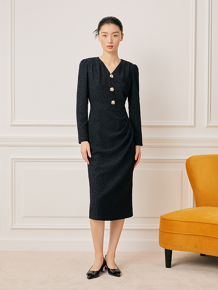 Song of Song歌中歌2026春季V领抽褶修身高端通勤连衣裙5C66105180