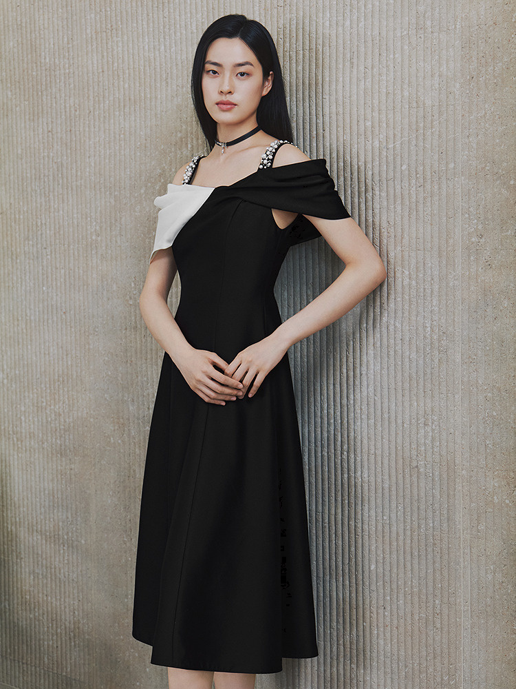 OBBLIGATO奥丽嘉朵2026夏季新款醋酸拼接撞色钉珠收腰场合连衣裙1C66205370