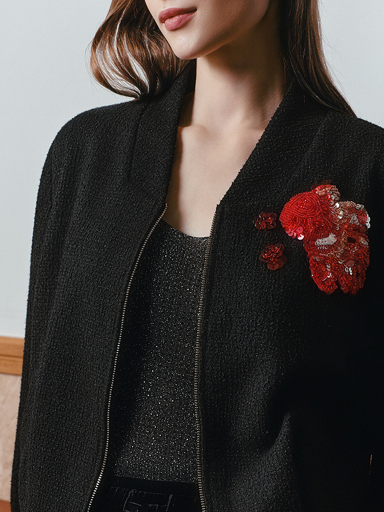 OBBLIGATO奥丽嘉朵2026春季新款绵羊毛混红袖撞色纺珠片刺绣外套1C36110200