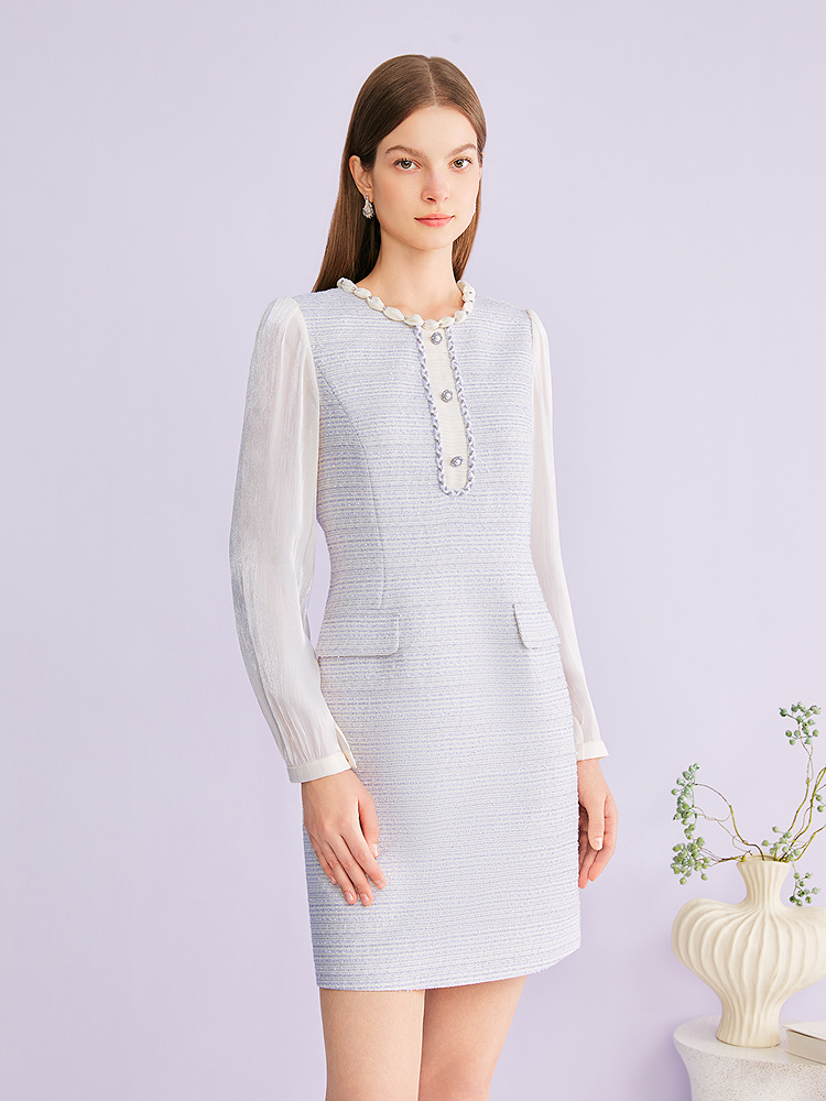 YINER音儿专选2026春季新款羊毛混纺闪丝花纱肌理直筒廓形连衣裙8C66105116