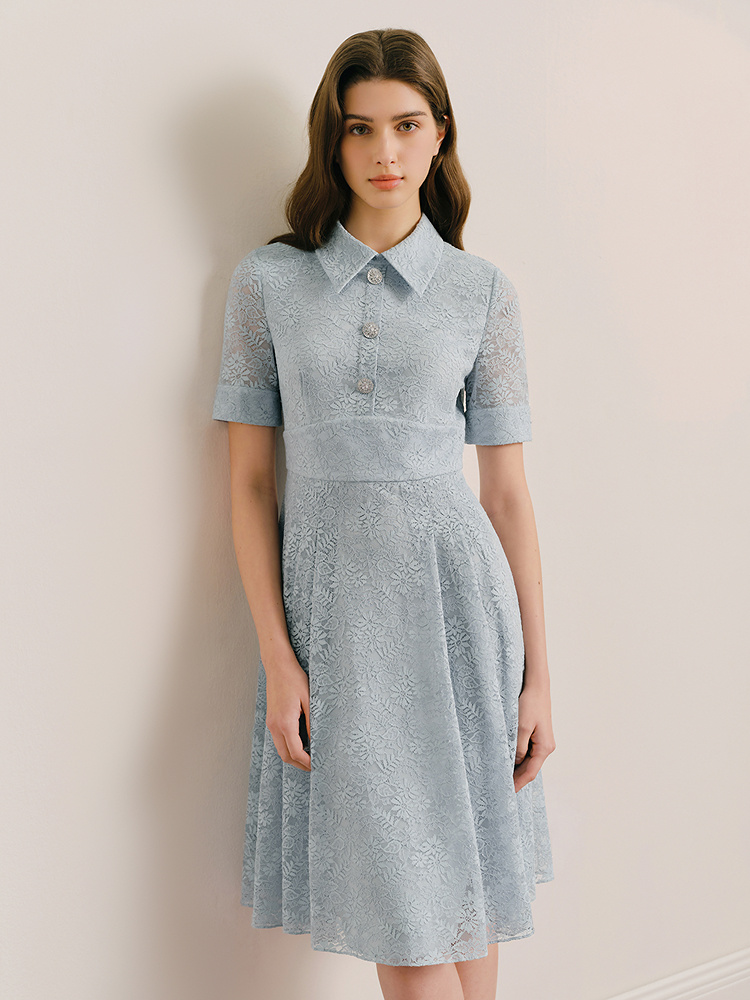 OBBLIGATO奥丽嘉朵专选2025夏季新品衬衫领蕾丝花卉压褶连衣裙1C65205270