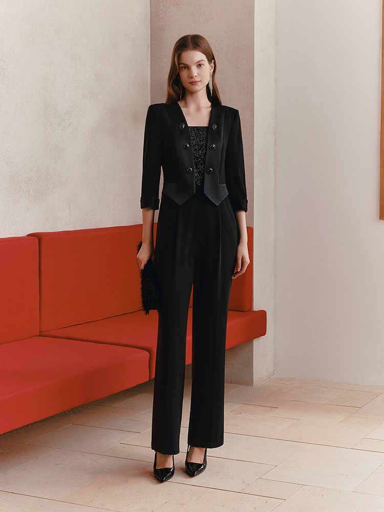 OBBLIGATO奥丽嘉朵2026春季新款进口三醋酸拼接蕾丝珠片连体裤1C36102050