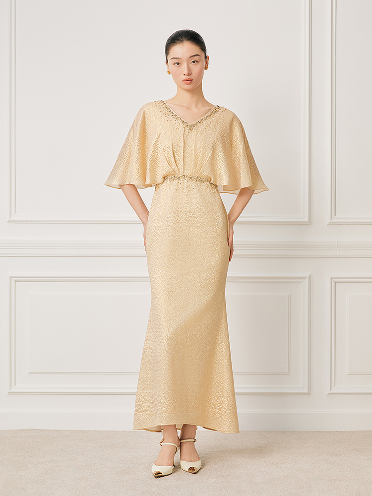 Song of Song歌中歌2026夏季新款浅金鎏光鱼尾·桑蚕丝钻饰礼服连衣裙5C36205670